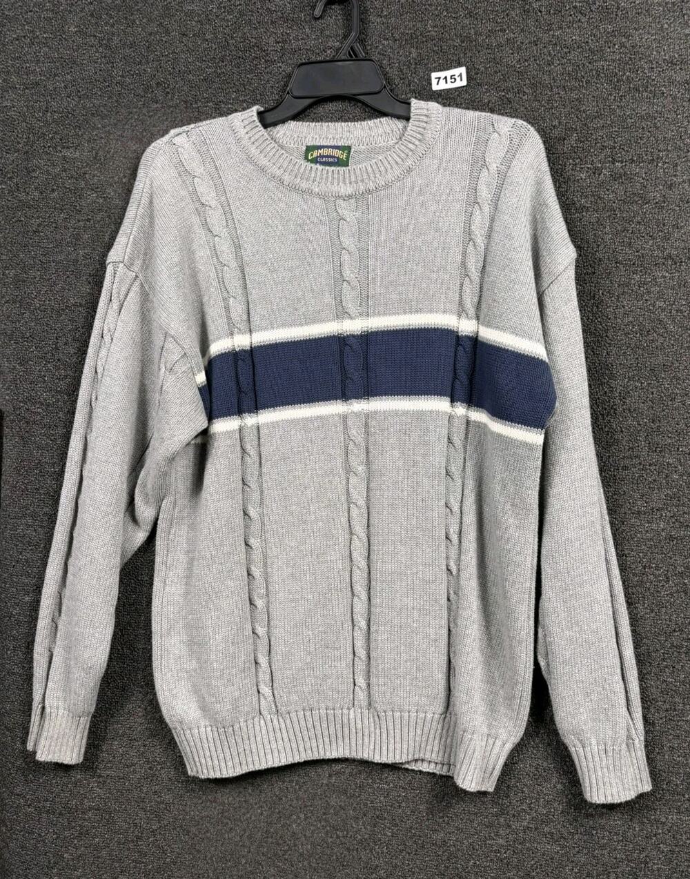 VTG Cambridge Classics 90s Knit Sweater Mens Size XL Gray Blue Striped Crewneck